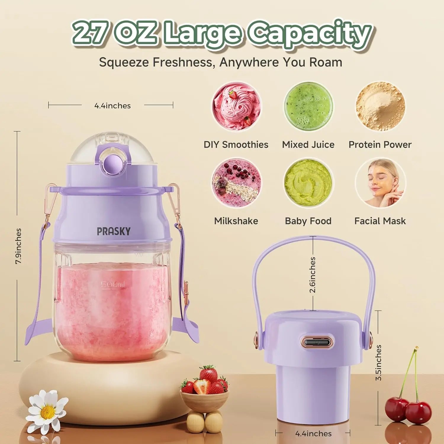 Portable Blender 27oz USB-C Rechargeable Smoothie Maker with Lid & Strap, BPA-Free, Purple
