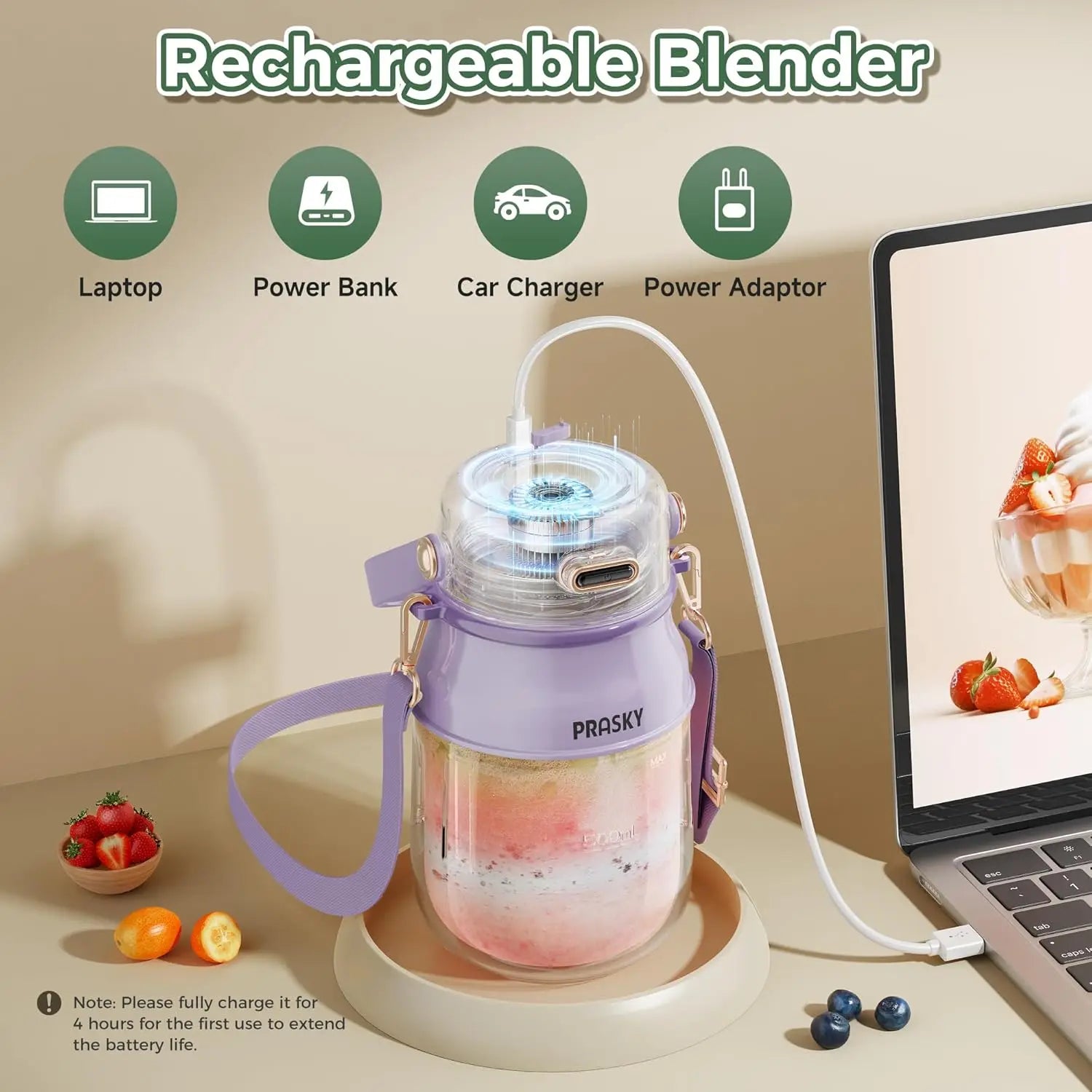 Portable Blender 27oz USB-C Rechargeable Smoothie Maker with Lid & Strap, BPA-Free, Purple